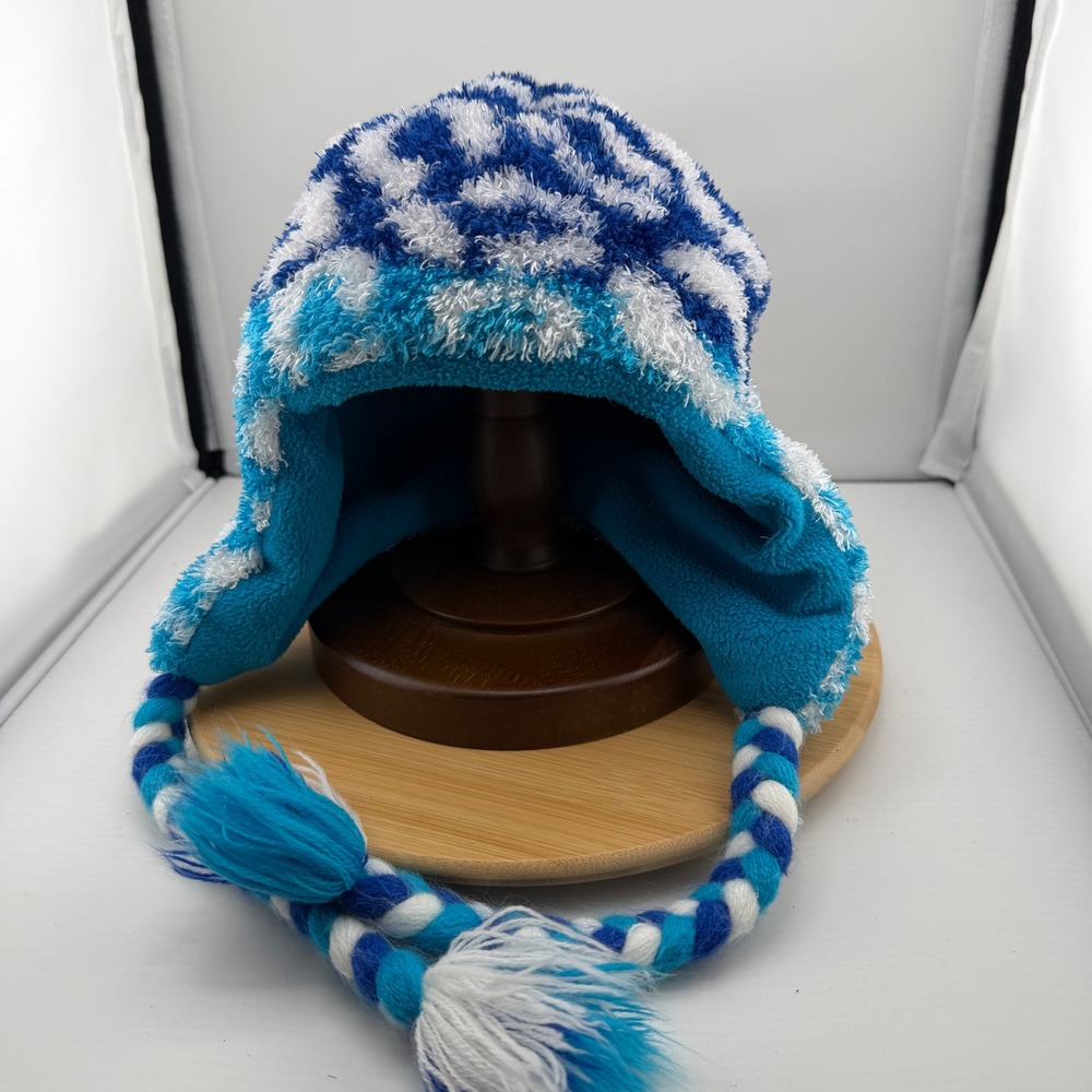 Justice Girls Blue Leopard Print Fuzzy Popcorn Knit Trapper Hat Fleece Lined OS